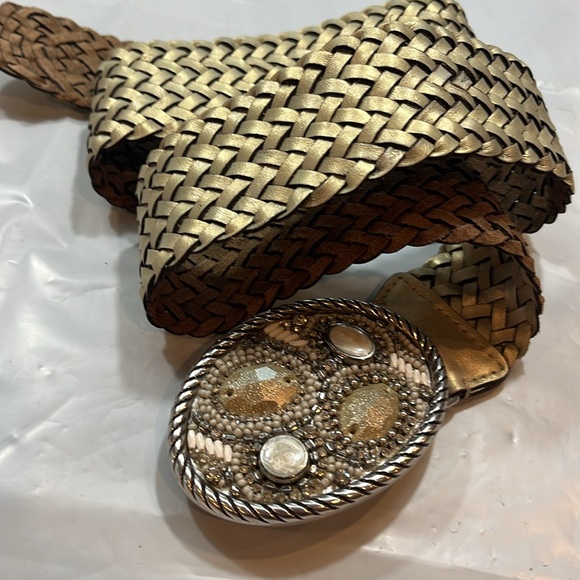 Chicos BLING beige white gem stone WIDE hook BELT beaded OVAL BUCKLE braided 41” - Picture 10 of 13